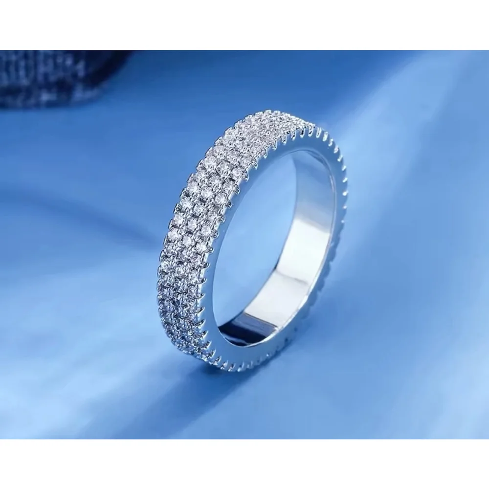NEW 14k Gold‎ Plated S925 Triple Row Eternity Diamond Wedding Ring, Size 7.5